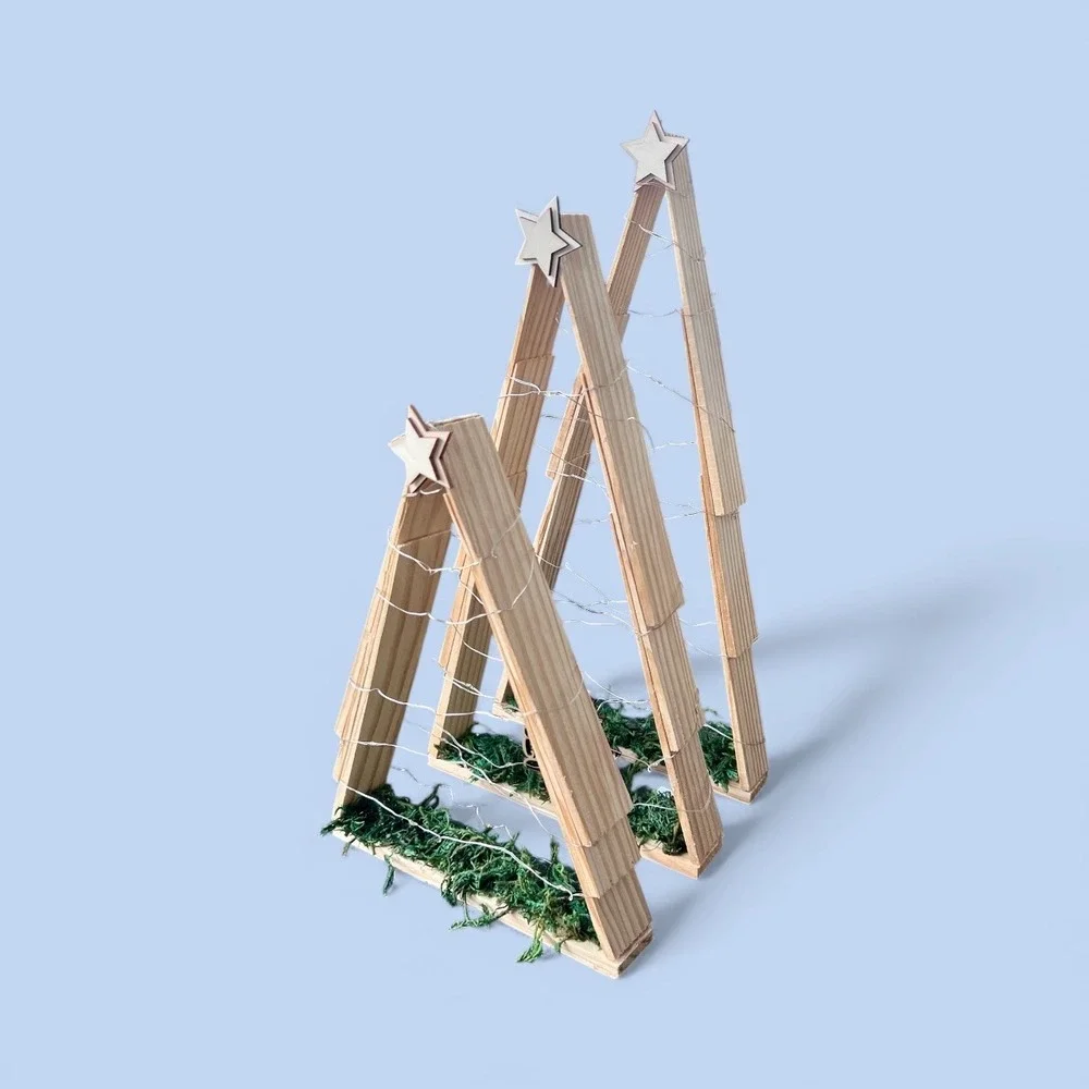 Set of‎ 3 Rustic Wooden Christmas Trees with Lights, 10, 13.5, 15 in. Heights